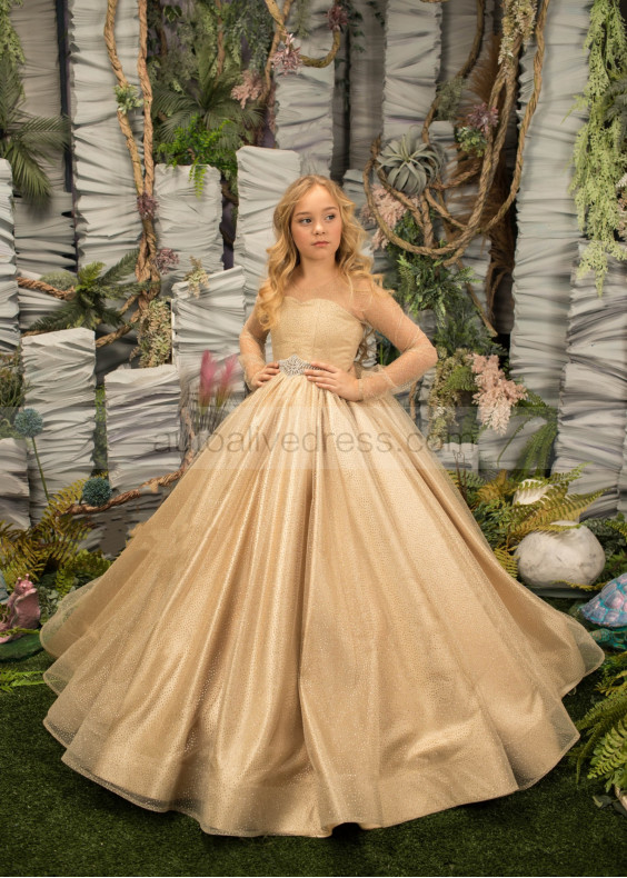 Gold Sparkle Tulle Flower Girl Dress With Beaded Belt
